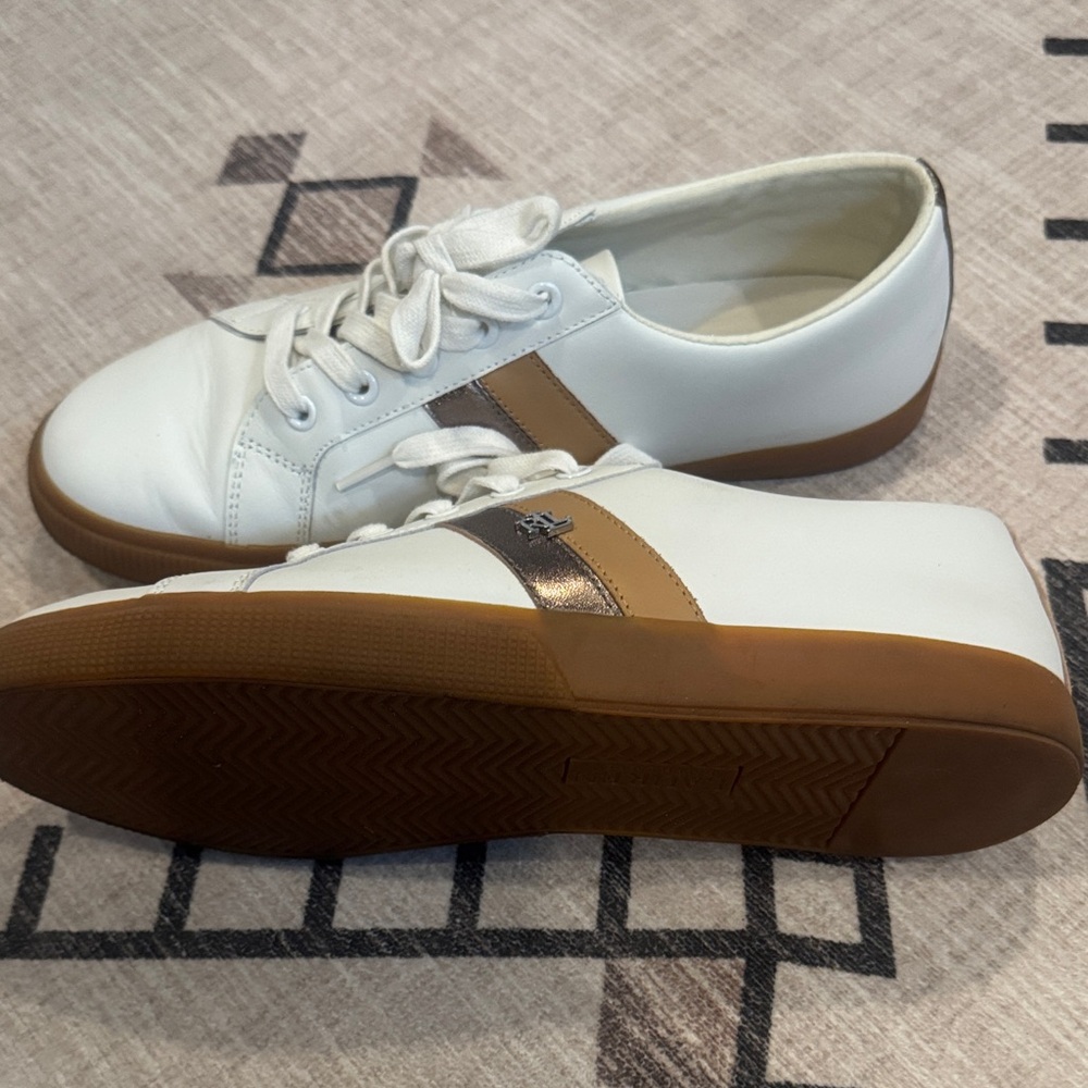 Polo by Ralph Lauren White Sneakers with Brown and Silver Stripes

Gently used - Picture 3 of 5